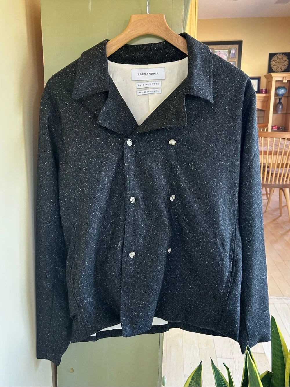 Alexandria Men’s Black Speckled Wool-Blend Double-Breasted Jacket Size Medium